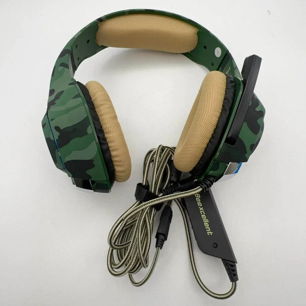 Beexcellent GM-100 Pro Gaming Headset Green Camo Wired LED Mic PS4 Xbox PC‎ EUC